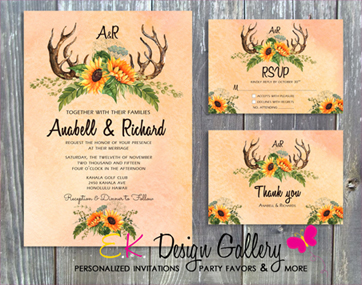Sunflower Rustic Gold Deer Antlers Wedding Invitation Set - Printed