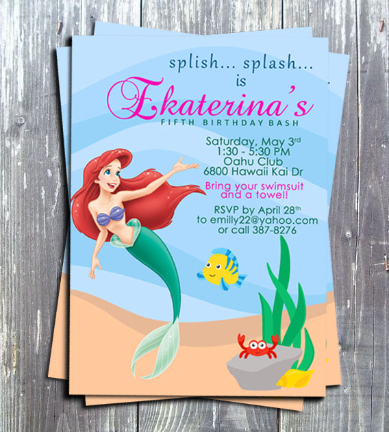 The Little Mermaid Princess Ariel  Birthday Invitation - Printed