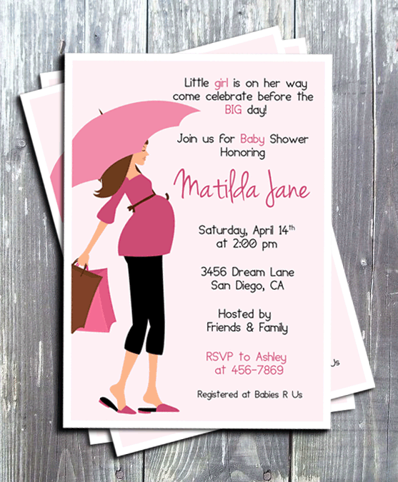 Pink Umbrella - Baby Shower Invitation - Printed