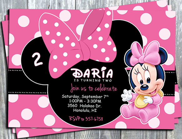 Minnie Mouse Birthday Party Invitation -Printed