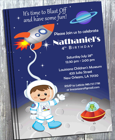 Astronaut Space Rocket Birthday Invitation - Printed