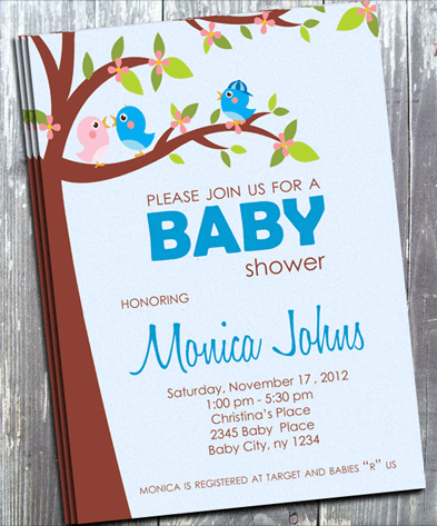 Blue Bird Baby Shower Invitation - Printed