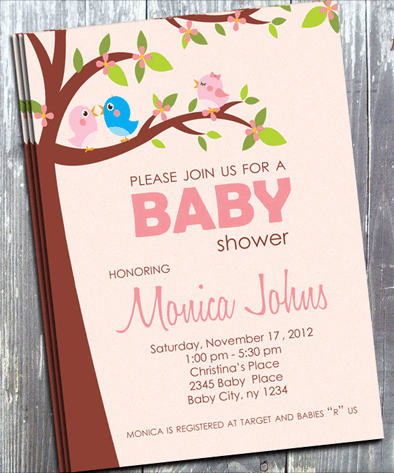 Pink Bird Baby Shower Invitation - Printed