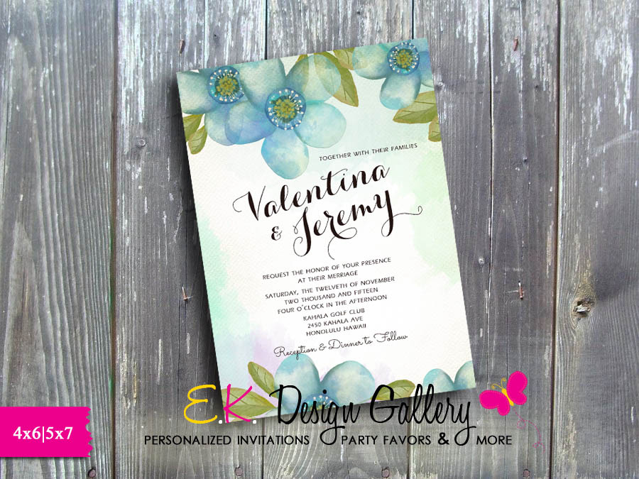 Blue Rustic Flower Wedding Invitation Country Syle Wedding Invite - Printed