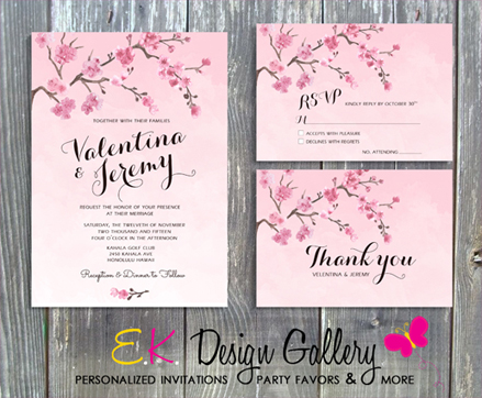Cherry Blosom Floral Wedding Invitation Set - Printed