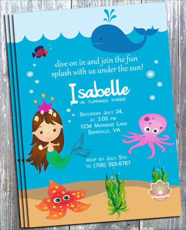 Brunette Mermaid Birthday Invitation - Printed