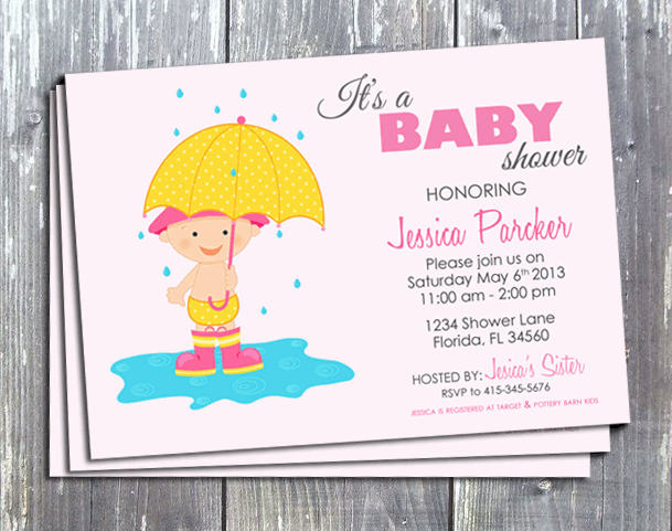 Baby Girl Shower, Yellow Umbrella Baby Shower Invitation - Printed