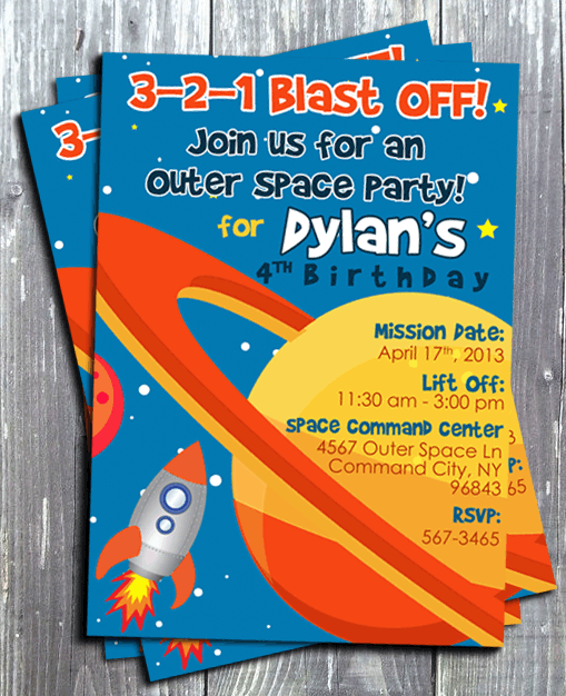 Space Ship Rocket Birthday Party Invitation - Printed